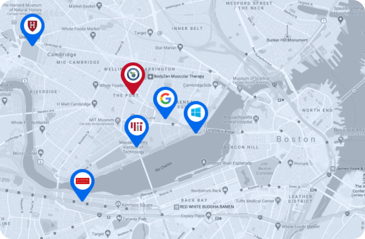 A map of the Boston and Cambridge area with markers for special locations, home to our education agents
